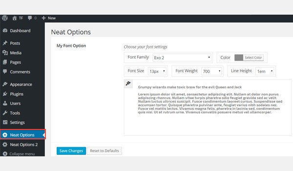 The font options inside the first admin panel