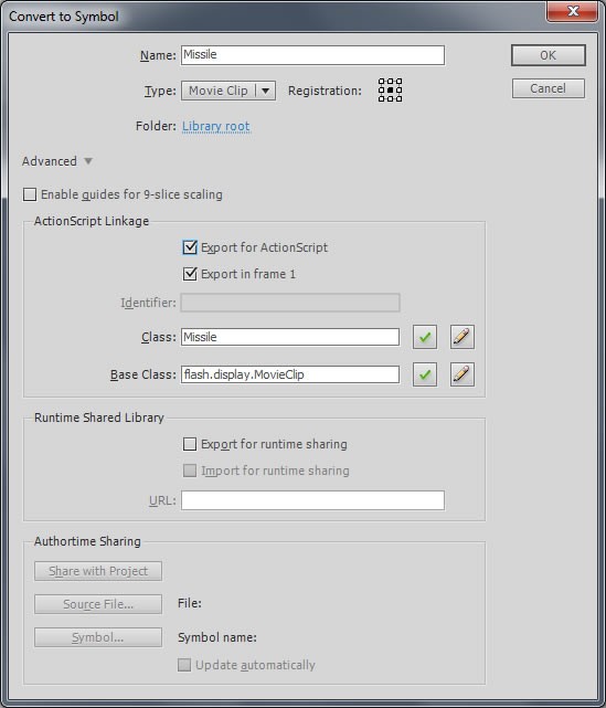 Create a MovieClip out of the missile you drew.