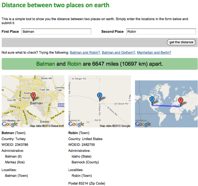 Showing the distance between two places on earth