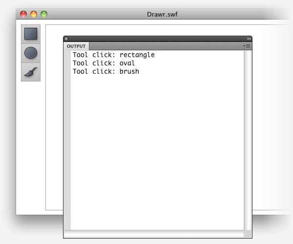The Output panel showing which buttons were clicked