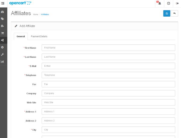 Create Affiliate - General Tab