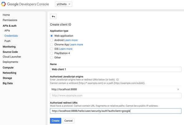 Programming Yii2 Google Developers Console Project Settings