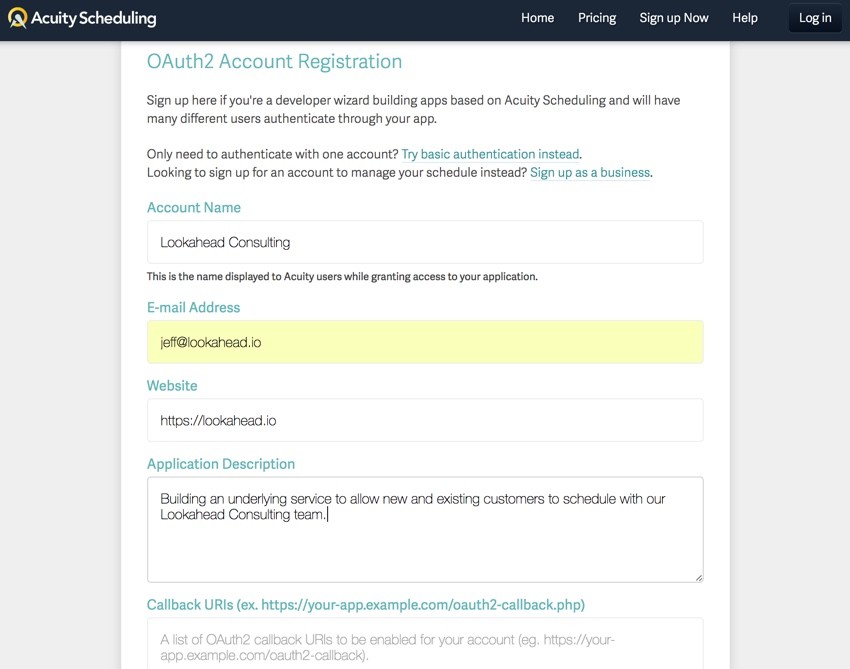 Acuity Scheduling Developer API - OAuth2 Account Registration
