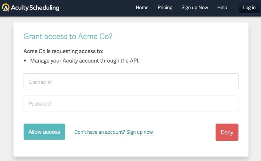 Acuity Scheduling Developer API - OAuth2 Authentication Screen