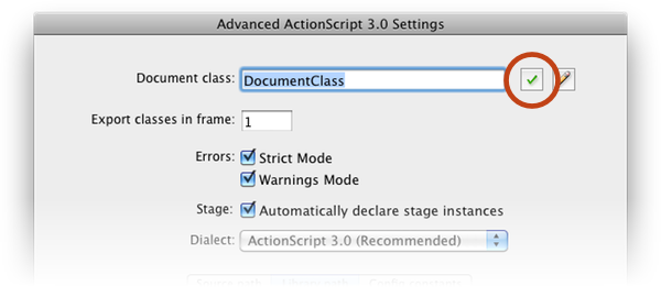 The ActionScript 3.0 Settings window; click on the checkmark button.