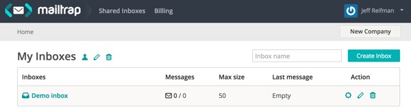 The Mailtrap dashboard with your inboxes