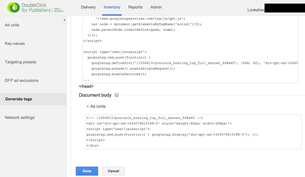 Google DFP Generate Ad Unit HTML and Javascript Code