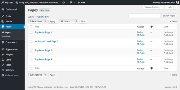 WordPress pages admin screen with pages added